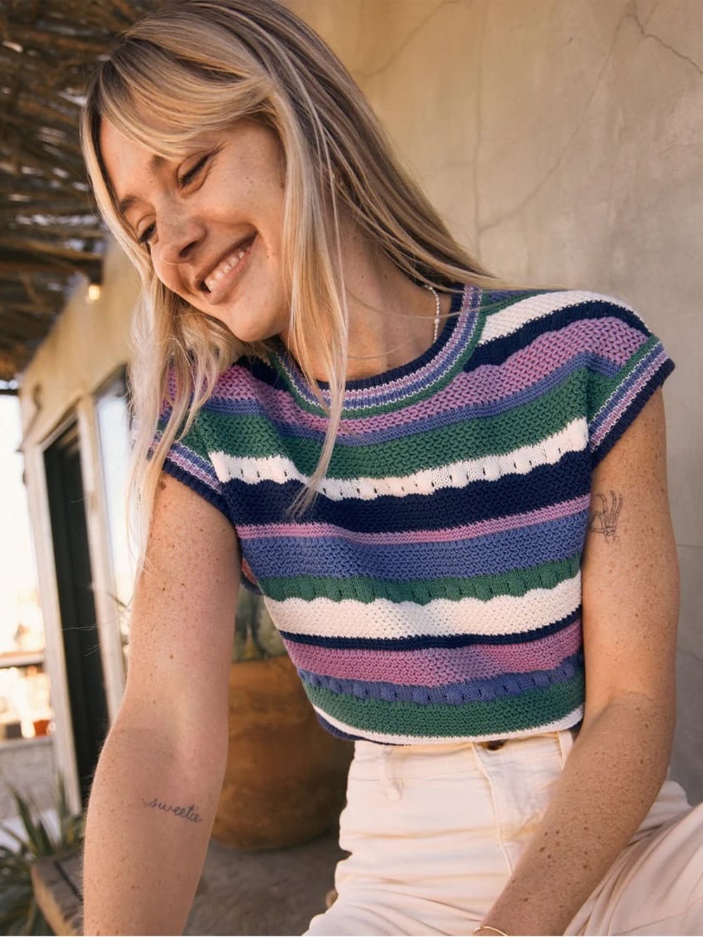 Marine Layer Striped Knit Crop Top in Green, Purple, Navy & White